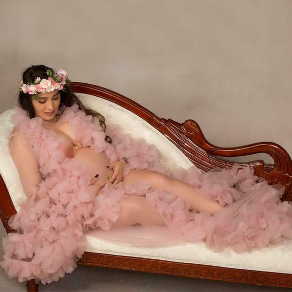 

pregnant dress pgraphy pink tulle ruffle maternity women dress gown kimono evening prom robe bathrobe sleepware, White