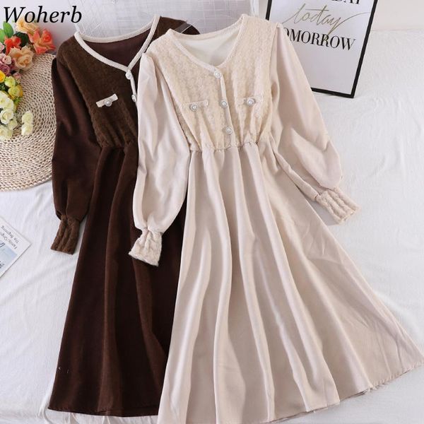 

woherb knitted patchwork dress for women solid a-line autumn winter vestidos vintage puff sleeve long dresses robe femme 2020, Black;gray