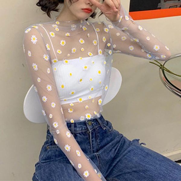 

women's blouses & shirts summer women casual blouse mesh transpatent daisy flower printed girls turtleneck see through female top, White