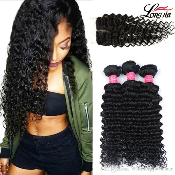 

charmingqueen brazilian deep wave hair with closure unprocessed deep wave human hair extension 3 bundles deep wave virgin hair with closure, Black