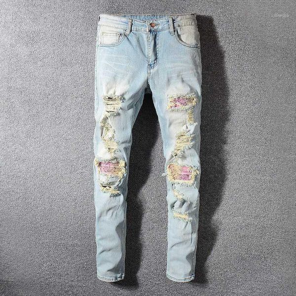 

fashion streetwear men jeans retro light blue washed slim fit elastic ripped jeans men patchwork destroyed pants hip hop1