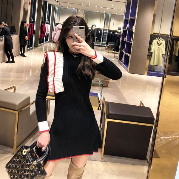 

2021 sheath black fashion elegant knitted sweater mini dress autumn winter women knit bodycon dress ruffles pullover dresses, Black;gray