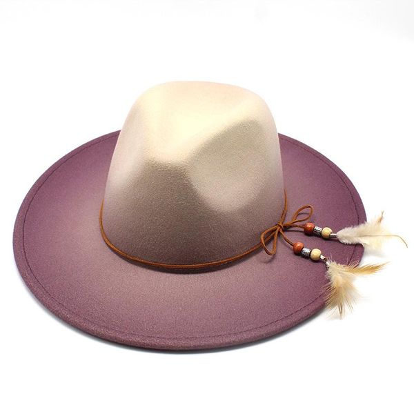 

new women wool fedora hat with feather belt dec gradient wide brim felt panama men brittany hat autumn winter jazz caps, Blue;gray