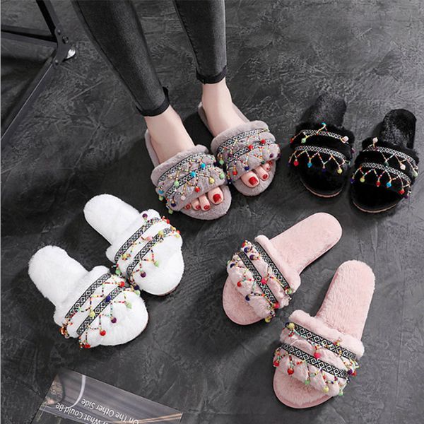 

women's cotton flat bottomed antiskid thermal cow's tendon bottom national style fur slippers y1202, Black