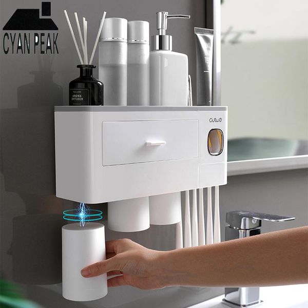 Conjunto acessório de banho Adsorção magnética Suporte automático de escova de dentes Distribuidor de pasta de dente Squeezer Montagem na parede Rack de armazenamento Banheiro 242R