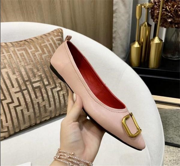 

flat single shoes women's metal buckle pointed toe versatile shallow mouth leather elegant fashion shoes 2020 new single shoes, Black