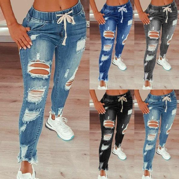 

washed ripped jeans women plus size 5xl high waist jeans 2021 fashion casual drawstring trousers bleached pencil pants, Blue