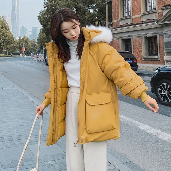 

2021 newwomen winter warm cotton padded jackets style hooded fur collar mujer coats giacca donna 90zu, Black