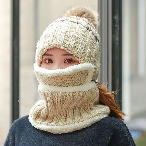 

beanie/skull caps 2021 winter hat women mask for girls scarf thick warm fleece inside knitted set riding fashion, Blue;gray