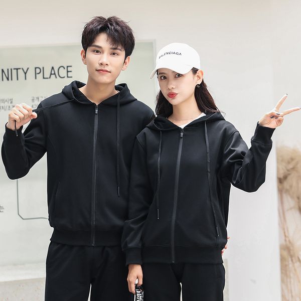 

autumn and winter plus fleece hooded sweater long-sleeved jacket classmates reunion work class clothing zipper cardigan, Black