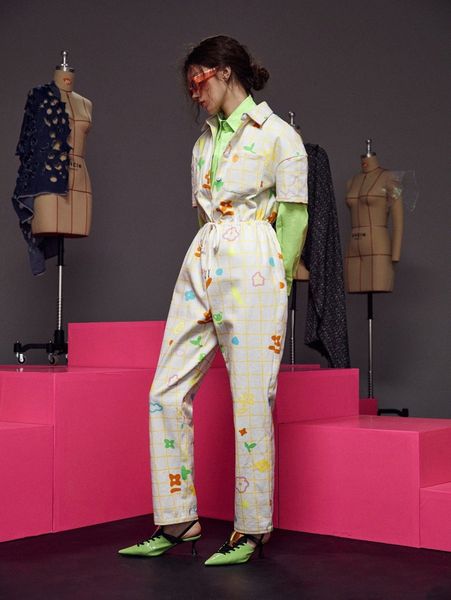 

x janie hao plaid & cartoon graphic button front jumpsuit z8ii#, White