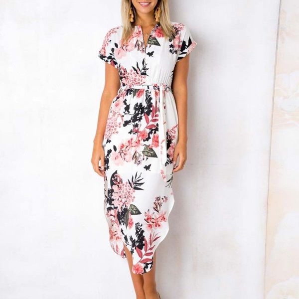 

2020 floral print dress elegant women long summer dress plus size v neck short sleeve striped party vestidos boho xs xxl xxxl1, Black;gray
