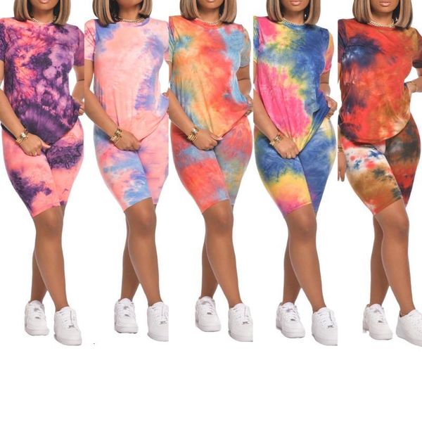 

2021 women summer tie dye short sleeve t shirt shorts set sports tracksuit yoga sets outfits, White;red