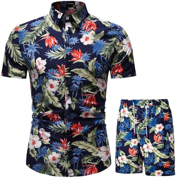 

men's tracksuits summer clothes beach hawaiian shirt set holiday wear two piece male outfits print men shorts, Gray