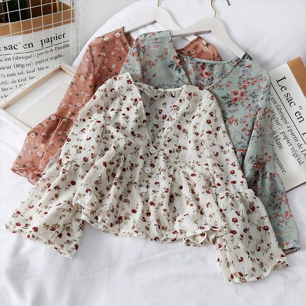 

heliar women floral printed blouses 2020 summer buttoned up shirt for women long sleeve v neck shirt blouse, White