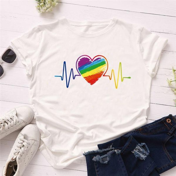 

heart beating rainbow heart print women t shirt short sleeve casual white tshirts korean style cute lovely girls tees