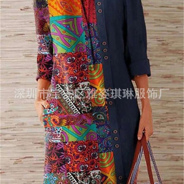 

round new 2020 neck long women's sleeve patchwork printed casual drs, Black;gray
