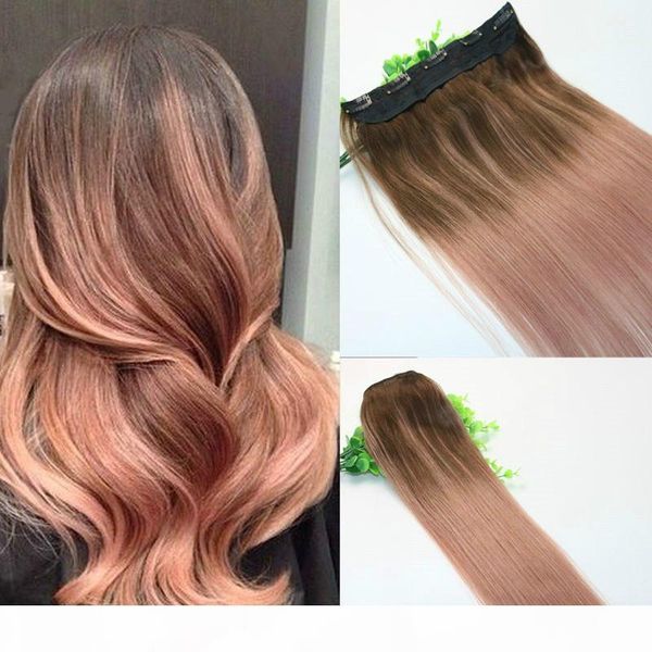 

ombre rose gold pink with brown highlights dark brown root one piece clip in human hair extensions 5clips with lace remy human hair, Black