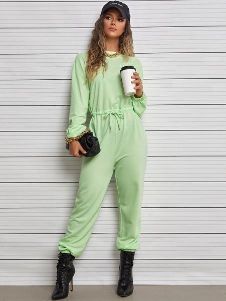 

solid drawstring waist drop shoulder jumpsuit r1xp#, White