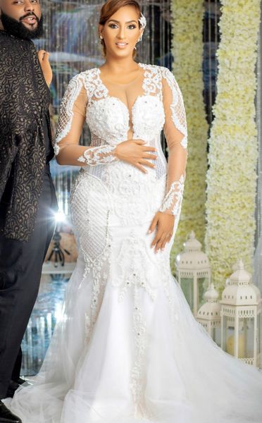 

plus size arabic aso ebi lace beaded luxurious wedding dresses sheer neck bridal dresses vintage wedding gowns zj884249z, White