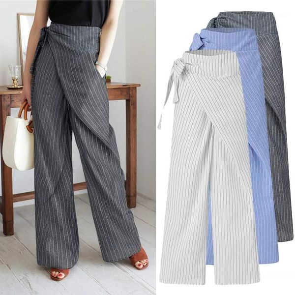 

women fashion casual pants celmia autumn high waist vintage linen long palazzo striped trouser wide leg pants bandage pantalon 71, Black;white