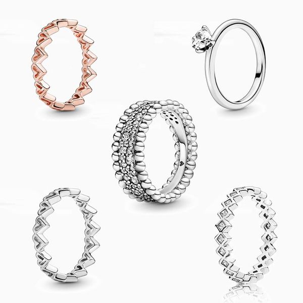

cluster rings 2021 silver 925 rose and hearts beaded pave band clear heart solitaire ring original woman jewelry gift, Golden;silver