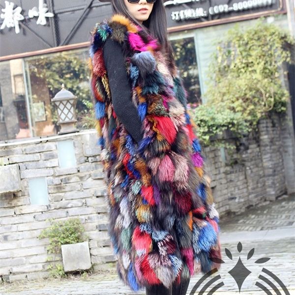 

real natural genuine x-long fox fur vest women fashion multi-color colorful fur gilet jackets ladies over coat outwearx1019, Black