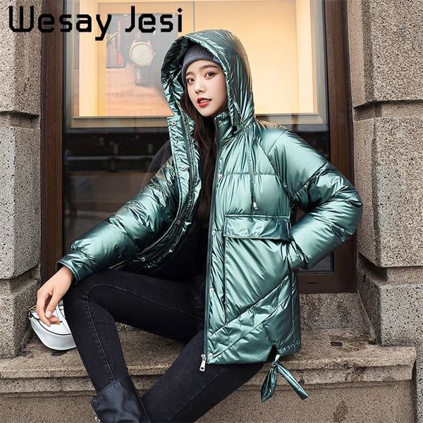 

winter women's parkas fashion casual female thicken warm hooded jackets coat windprood shiny jackets 201214, Black