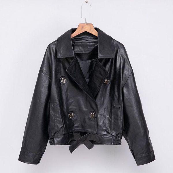 

women's leather & faux europe short pu jacket women long sleeve black coat spring autumn fashion streetwear moto biker button clothes 2