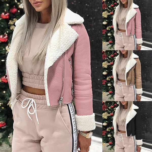 

heflashor 2019 fashion women autumn winter warm jacket lapel suede jackets faux lamb wool motorcycle coats zipper casual outwear t200114, Black