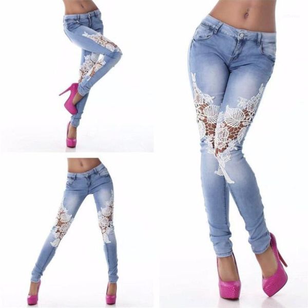 

ladies denim trousers lace womens jeans stretch pencil pants skinny pencil pant stitching jean w3201, Blue