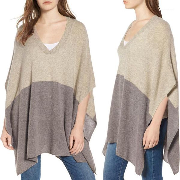 

pull eam casual women color block v neck asymmetric loose poncho sweater shawl pullover1, Black