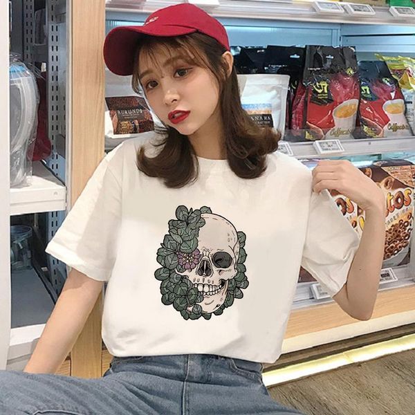 

showtly ​​kawaii horro череп цветы самка футболка мультфильм топ tees повседневная футболка женщины harajuku короткие рукава веселье ulzzang, White