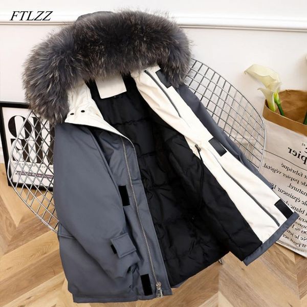 

women's down & parkas ftlzz large natural fur winter women white duck jacket long coat hooded outwear warm thick parka, Black