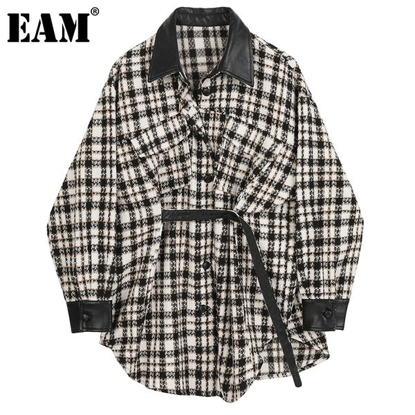 

[eam] loose fit black pu leather plaid big size woolen coat parkas new long sleeve women fashion tide autumn winter 2021 1dc604 210218