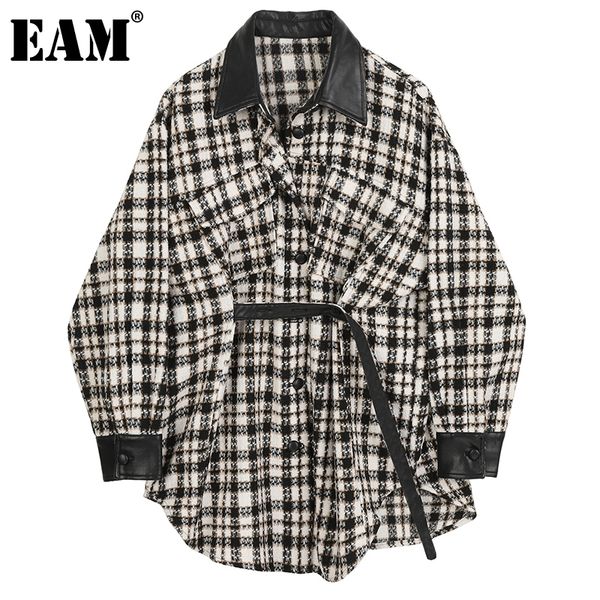 [EAM] Coupe ample Noir Pu Cuir Plaid Grande Taille Manteau De Laine Parkas Nouvelle Manches Longues Femmes Mode Tide Automne Hiver 2021 1DC604 210218