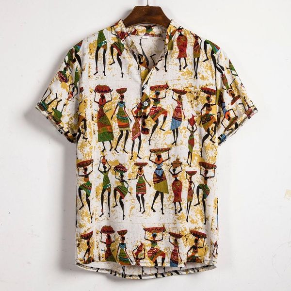 

shirt mens ethnic short sleeve casual cotton linen printing hawaiian shirt vintage loose blouse shirts for men jun2, White;black