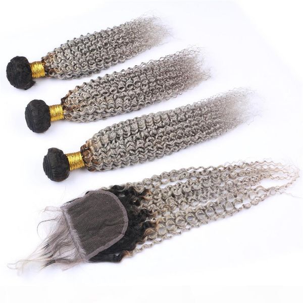 

brazilian virgin hair silver grey ombre kinky curly weave 3bundles with closure #1b grey ombre virgin hair weft with 4x4 lace closure, Black;brown