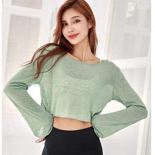 

yoga outfits gym crop long sleeve shirt sport translucent fitness wear women lumbar loose backless workout shirts1, White;red