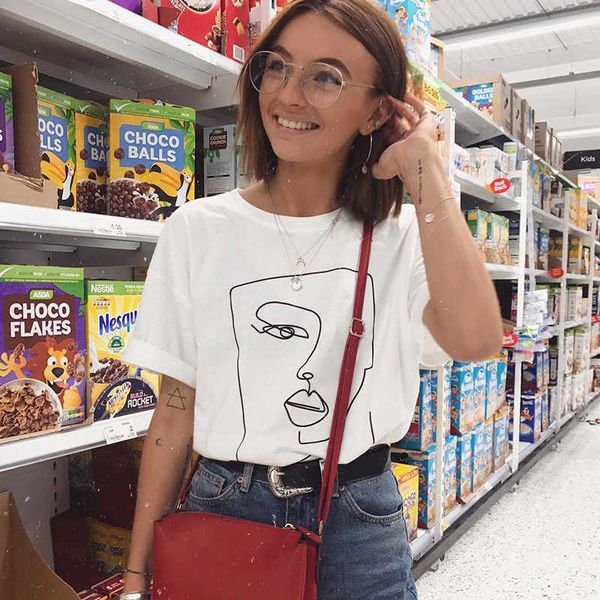 

women's face abstract simple printed casual funny girl miss lady tee summer t-shirt, White