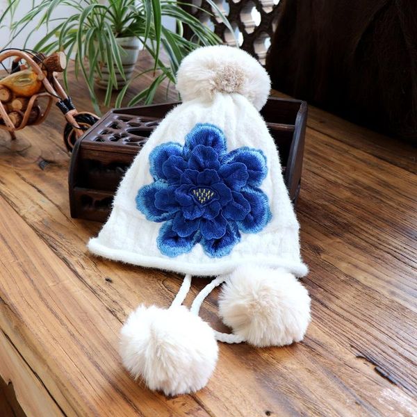 

beanie/skull caps winter hat for women soft beanie knitted beanies thick warm chinese national pretty flowers style ladies hats, Blue;gray