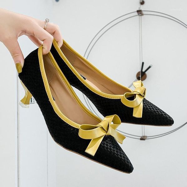 

2021 elegant women 5cm blue yellow kitten high heels pumps sweet lady butterfly knots low heels office ladies bridal dress shoes1, Black