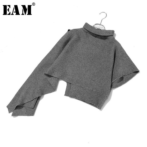 

[eam] gray irregular knitting sweater loose fit turtleneck long sleeve women pullovers new fashion spring autumn 1y694 201031, White;black