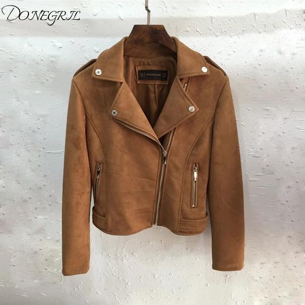 

2019 women autumn winter suede faux leather jackets lady fashion matte motorcycle coat biker brown zipper outerwear1, Black
