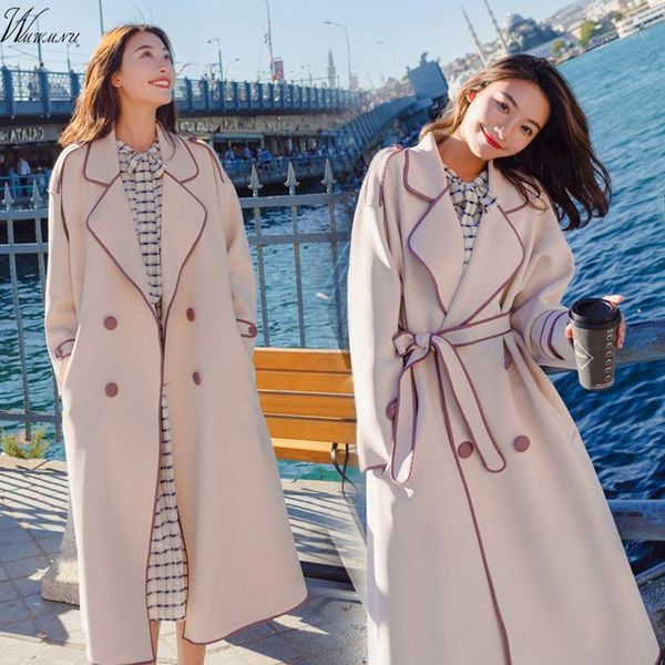 

women's trench coats 2021 autumn women's windbreaker long coat korean female jacket over the knee temperament slim fashion warm lo, Tan;black
