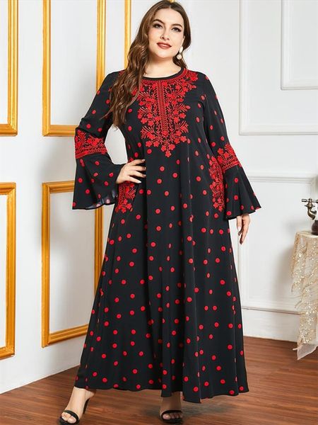 

indie folk embroidery maxi dress for women fall 2021 elegant polka dot long sleeve loose muslim arabic dubai clothes, Black;gray