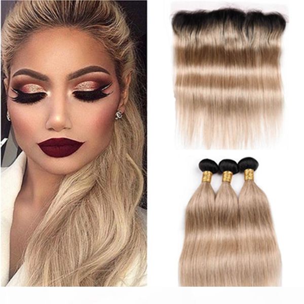 

#1b 27 honey blonde ombre straight human hair lace frontal 13x4 with bundles light brown ombre brazilian hair weaves 3bundles with frontal, Black;brown