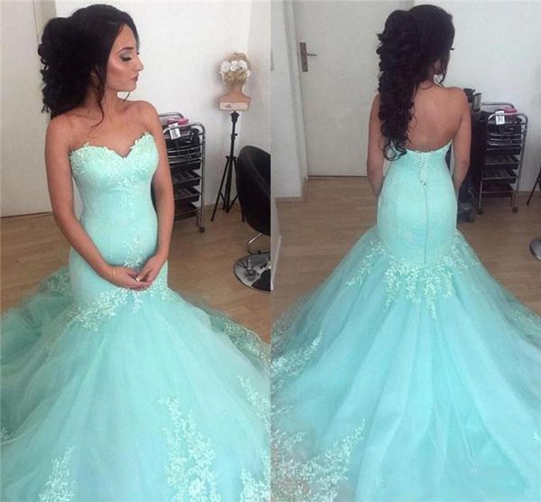 

mint green lace mermaid prom dresses 2021 with appliques sweep train strapless tulle formal evening party gowns, Black