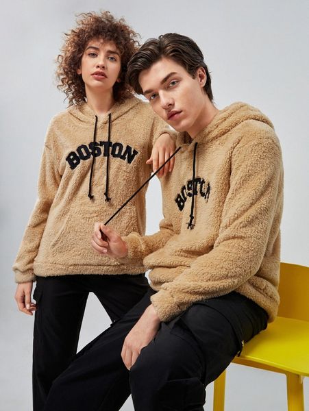 

1pc letter embroidery kangaroo pocket drawstring teddy hoodie w0k3#, Black