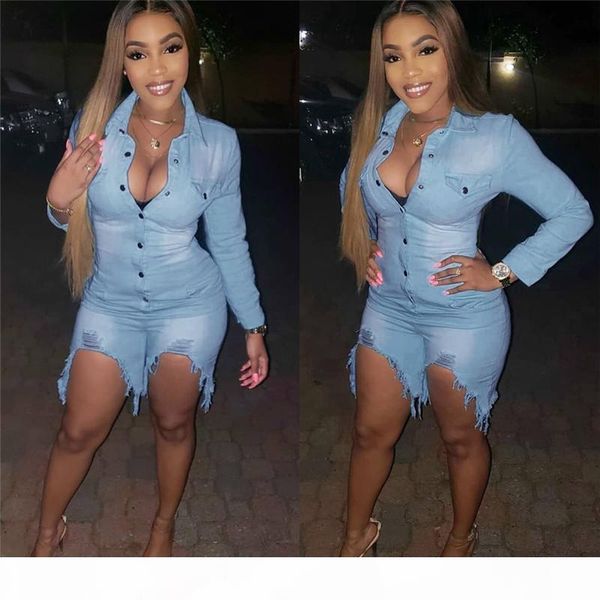 

women denim jumpsuits rompers jean fashion club fall summer clothing hole washed long sleeve lapel neck shorts leggings bodysuits 2531, Black;white